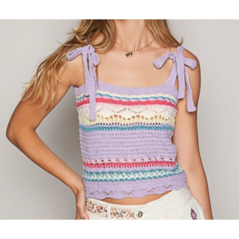 POL Womens Striped Crochet Square Neck Sleeveless Tank Top‎ Multicolor Large NWT